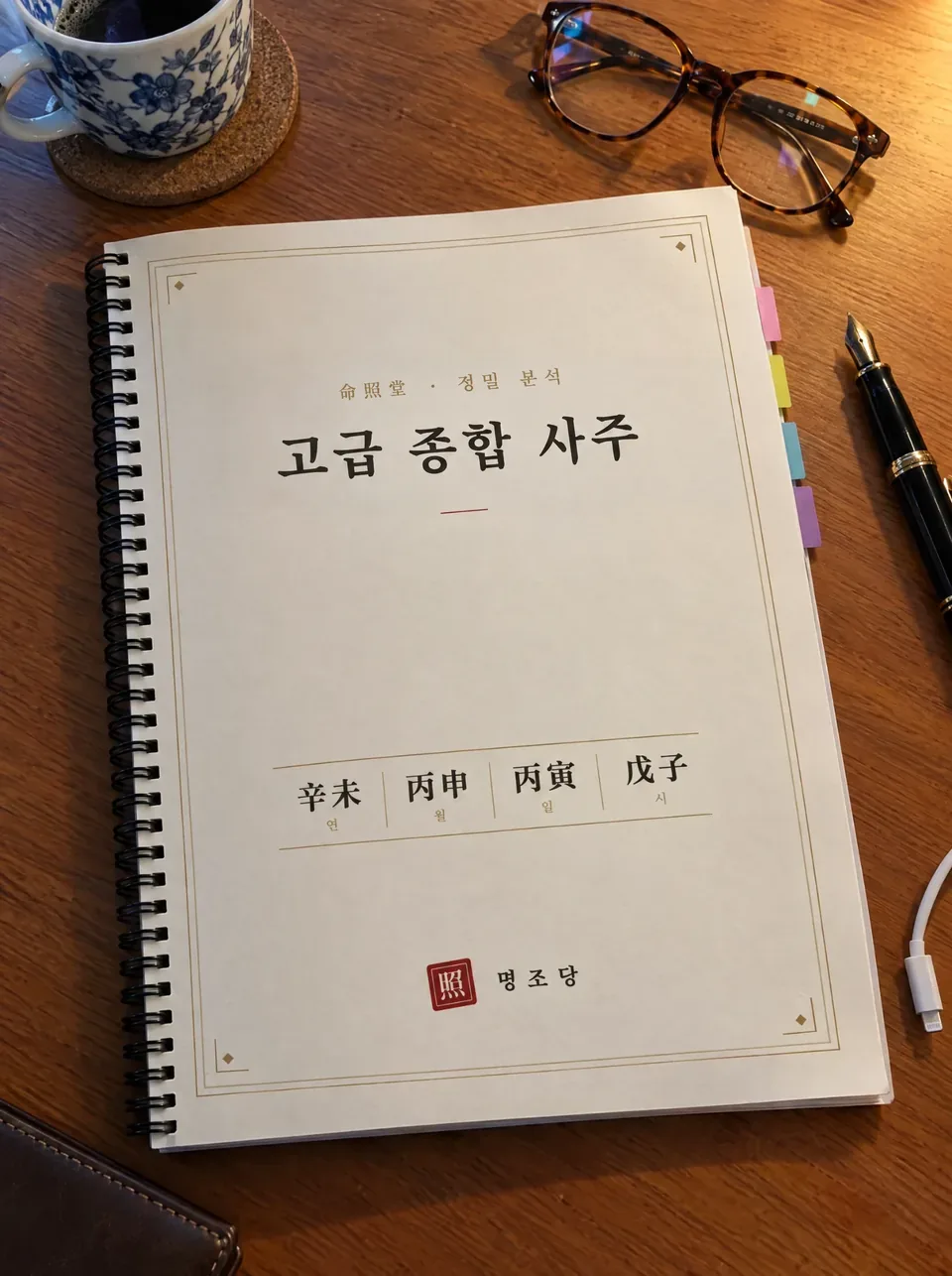 책상 위에 놓인 명조당 정밀분석 사주 풀이 표지